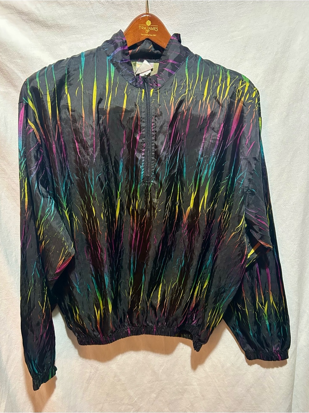 Vintage 90s Surf Style Rainbow Black Windbreaker One Size Jacket Zipup